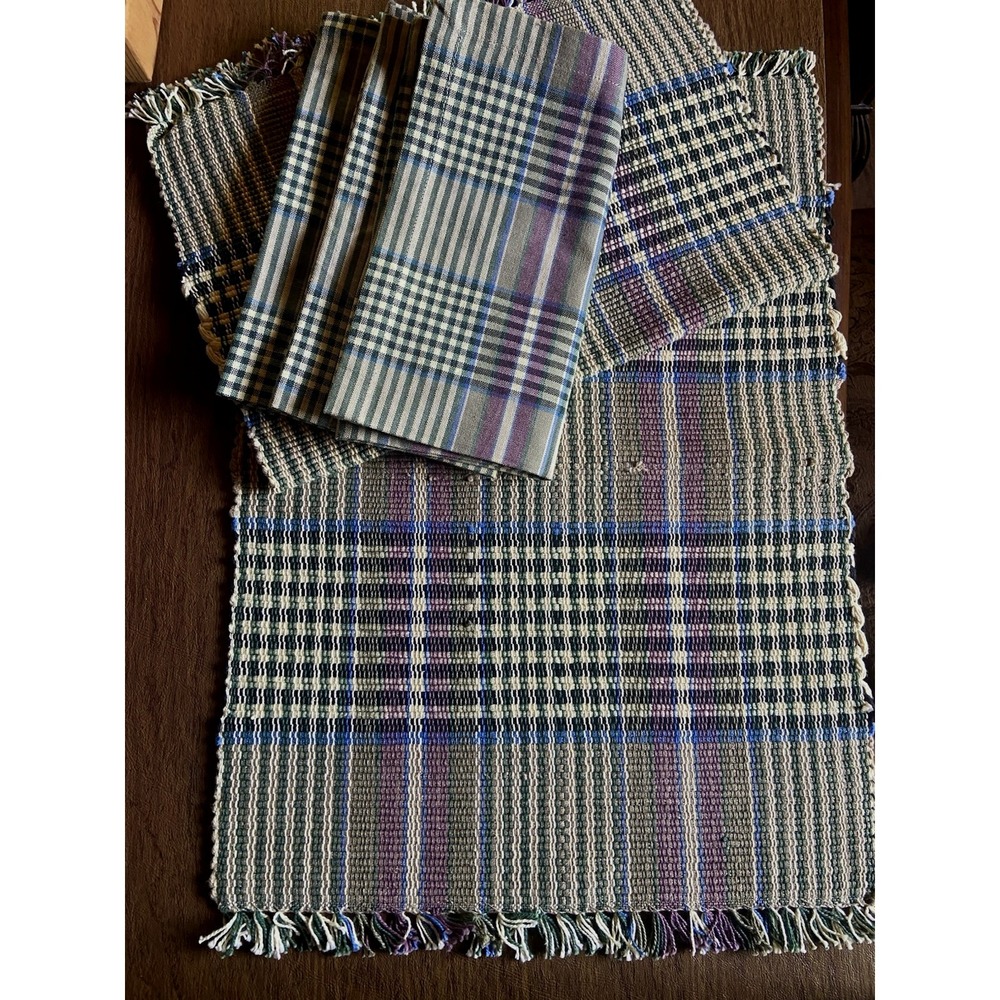 Pier 1 Purple Green 2 Placemats & 3 Napkins Country Tartan Woven Cotton Plaid